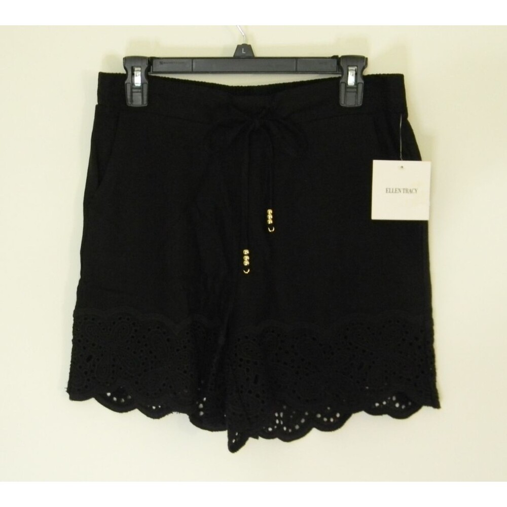 Ellen Tracy Black Linen Blend Shorts Eyelet Pull-on Drawstring Sz S NWT